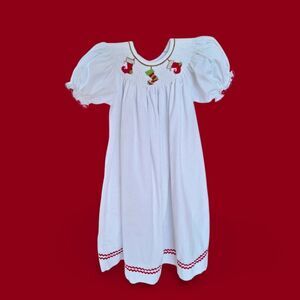 Southern Tots🎄Dress sz 6 Smocked Bishop White Corduroy Holiday Stocking Accents